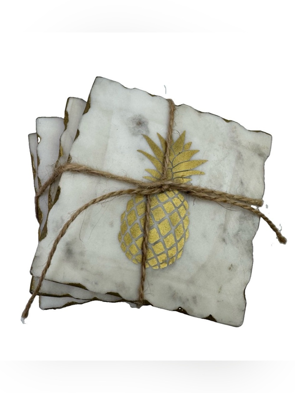 Set Of 4 White Marble Coasters Gold Foil Pineapple Inlay Gold Scalloped Edge New